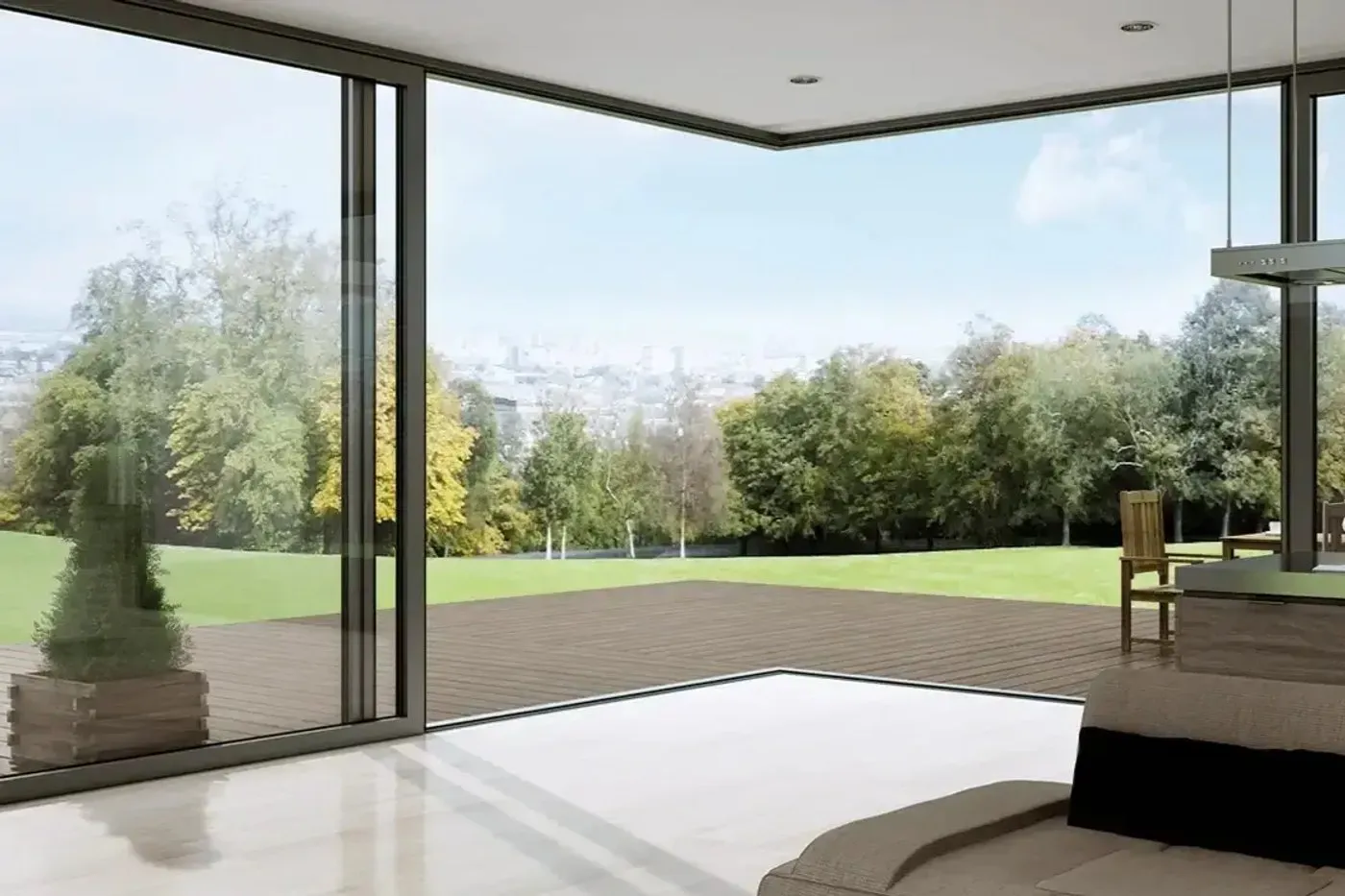Aluprof aluminium sliding doors with slim sightlines opening onto a terrace
